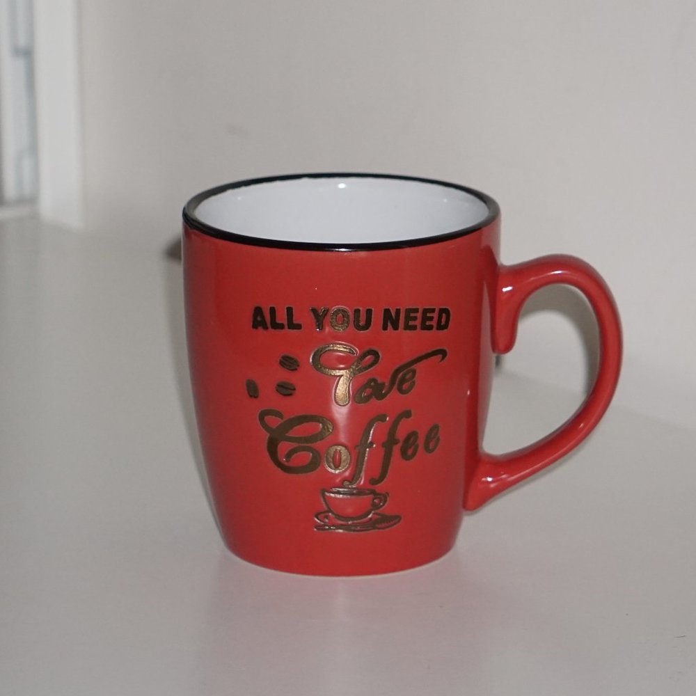 2 Mugs Coffee Red and Gray "ALL YOU NEED COFFE" - Picture 4 of 8